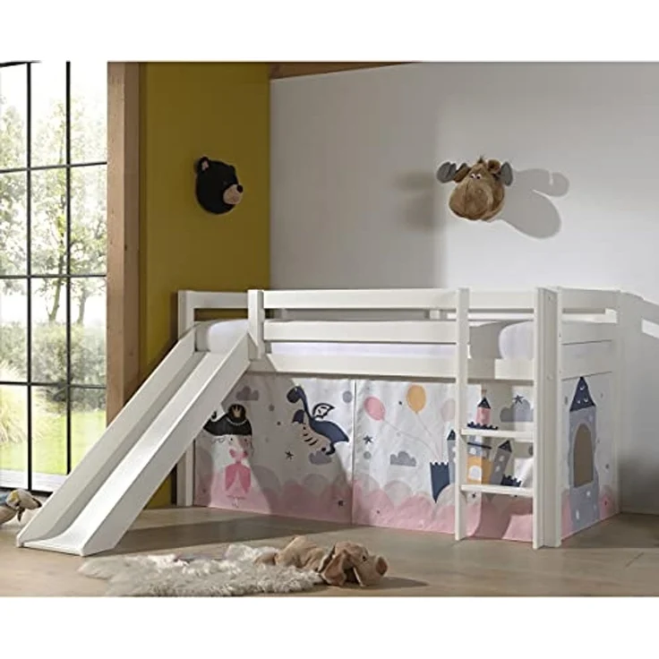 Vipack 'Pino' Halbhochbett 90x200 cm, weiß, Kiefer massiv, mit Rutsche und Textilset 'Princess Sophie' – Bild 1