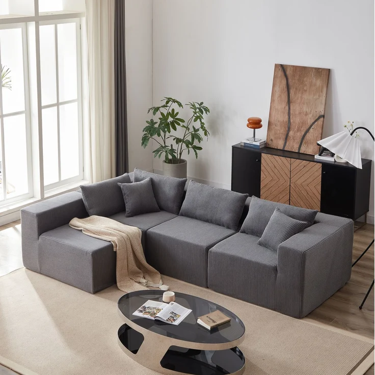 Modulares Ecksofa aus Cord, 4-teilig und frei kombinierbar, 264x167x71 cm, Grau – Bild 1