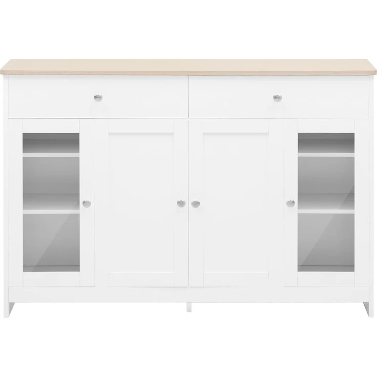 FurnitureR Moderne weiße Anrichte, Holzwerkstoff, Glasfenster, minimalistisch, vielseitige Lagerlösung, stilvolles Design für Wohnzimmer – Bild 7