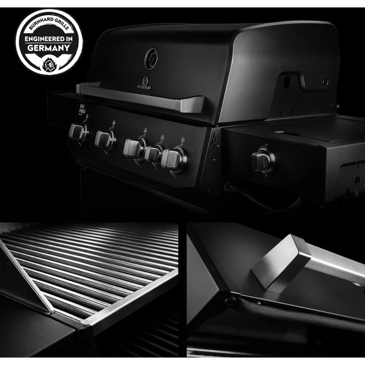 BURNHARD® Gasgrill 4-Brenner, 24,7 kW, Infrarot-Keramikbrenner, Seitenkochfeld, Heckbrenner, Edelstahlrost, Piezo-Zündung, Edelstahl-Brennkammer, große Grillfläche – Big FRED Deluxe+ - Schwarz - #947146 – Bild 6