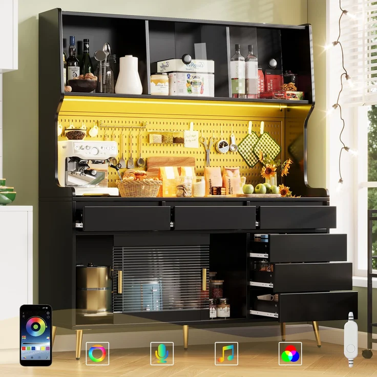 ZUBALIYA LED-Küchenschrank 145x39x171 cm, mit App-Steuerung, mit Stauraum, MDF/Glas, Schwarz – Bild 2