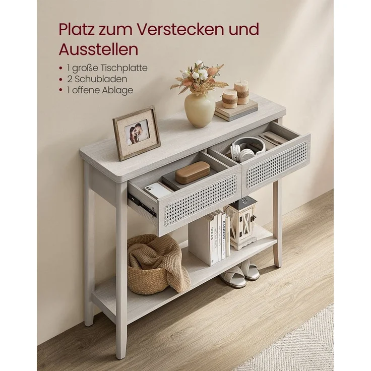 Vasagle Konsolentisch, Flurtisch, Flur Möbel, schmaler Sofatisch für Wohnzimmer, mit 2 Schubladen, offene Ablage, abgerundete Ecken, Boho-Stil, haferflockenbeige LNTDE016K66 – Bild 3
