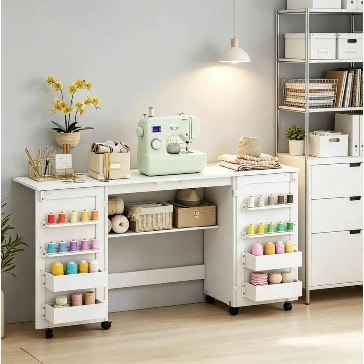 Klappbarer Nähtisch mit Rollen, Stauraum und Ablage, 160x40x81,5 cm, Weiß – Bild 2