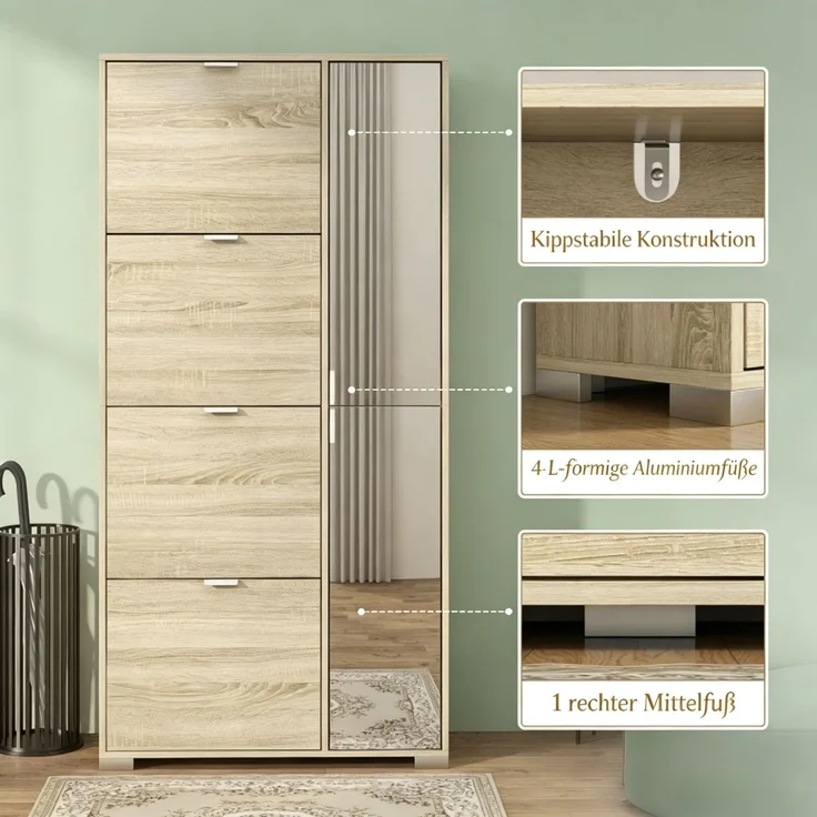 Schuhschrank mit 4 Klapptüren, 2 Schränken und Spiegelfronten für 16 Paar Schuhe, Eingangsmöbel--Eiche--82x30x168cm--YOUDENOVA – Bild 9
