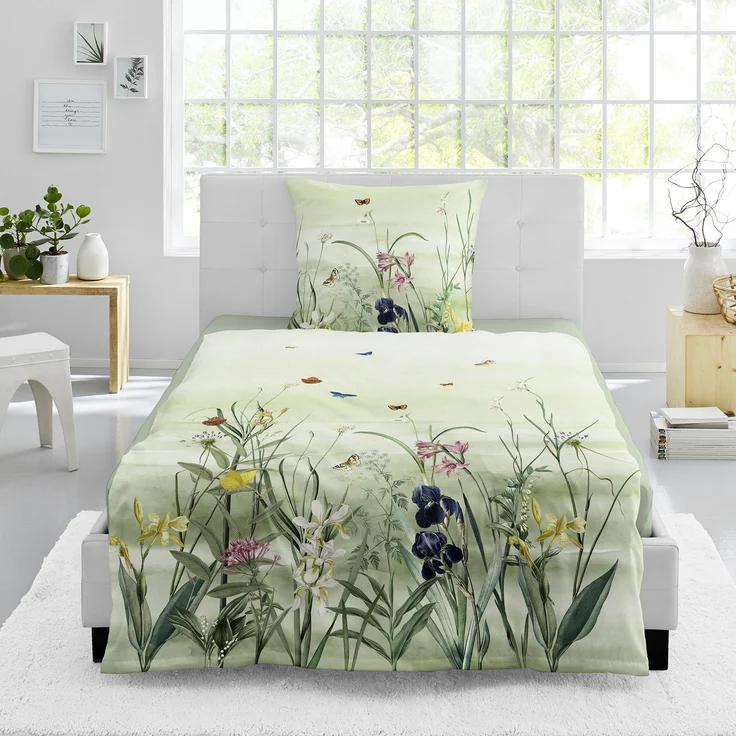 Bettwäsche Bierbaum Mako Satin 5326-30 Blumenwiese grün 135x200 – Bild 1