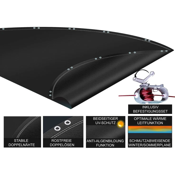 QUICK STAR Poolabdeckung Rund für 320-366 cm Pools | Planenmaß Ø 420 cm | Schwarz | Sommer & Winter Poolplane | Solar Abdeckplane 200g/m² PE Zweifach Beschichtete Abdeckung | Solarplane UV-Resistent – Bild 2