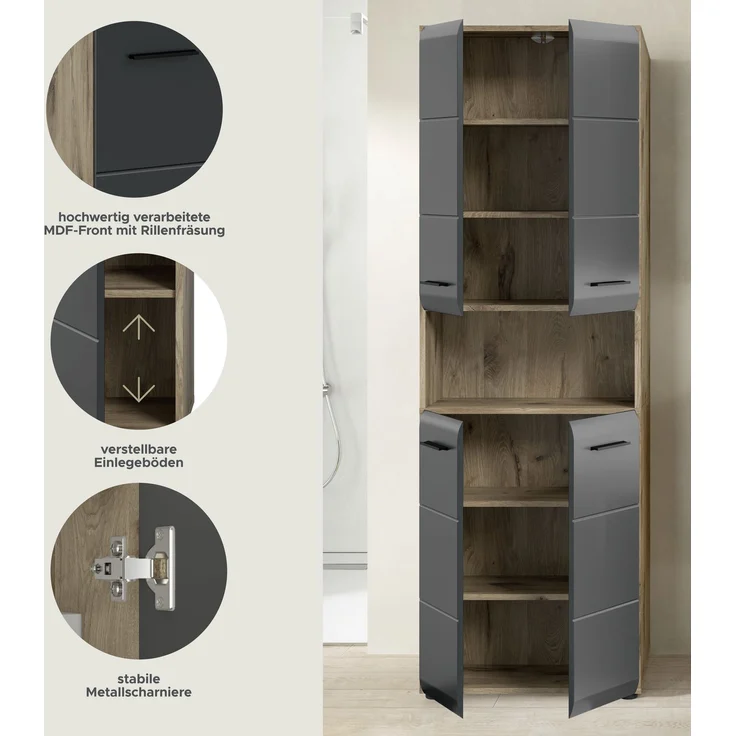 Hochschrank breit (B/H/T: 60x185x30 cm) in schwarz matt und Nox Oak Nachbildung – Bild 7