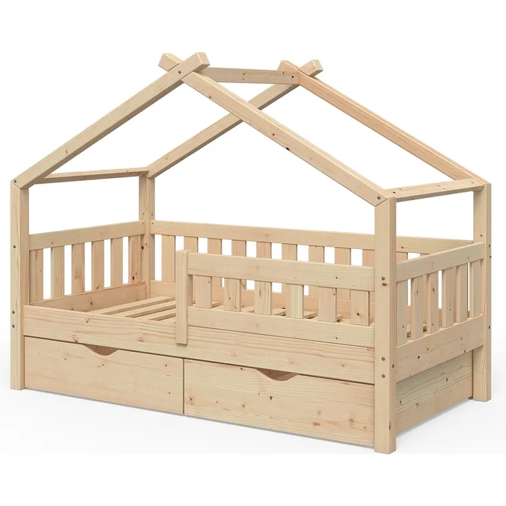 Hausbett Design Naturholz 80x160 cm mit 2 Schubladen Vitalispa
