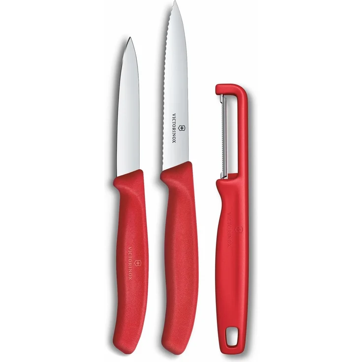 Victorinox Swiss Classic Gemüsemesser Set mit Sparschäler, Schälmesser und Tomatenmesser, 3-teilig, Extra Scharfe Klinge, Rot