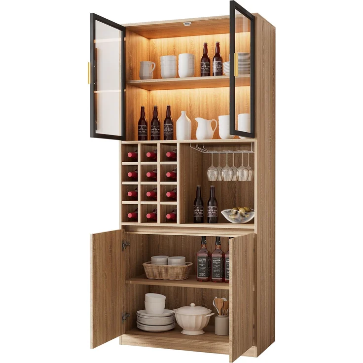 Badezimmerschrank,Spirituosenschrank,Vitrine Vitrinenschrank mit Glastüren und Beleuchtung 180 CM--Natürlich2--80x40x180cm--YOUDENOVA – Bild 3