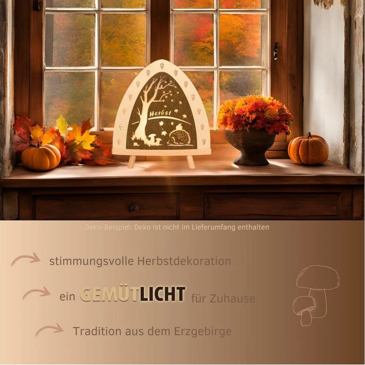 Weigla LED Dekolicht Herbst, Tischleuchte aus Holz, NATUR-BRAUN, Made in Germany, LED wechselbar, Erzgebirge garantiert, Herbstdeko innen, Tischlampe – Bild 3