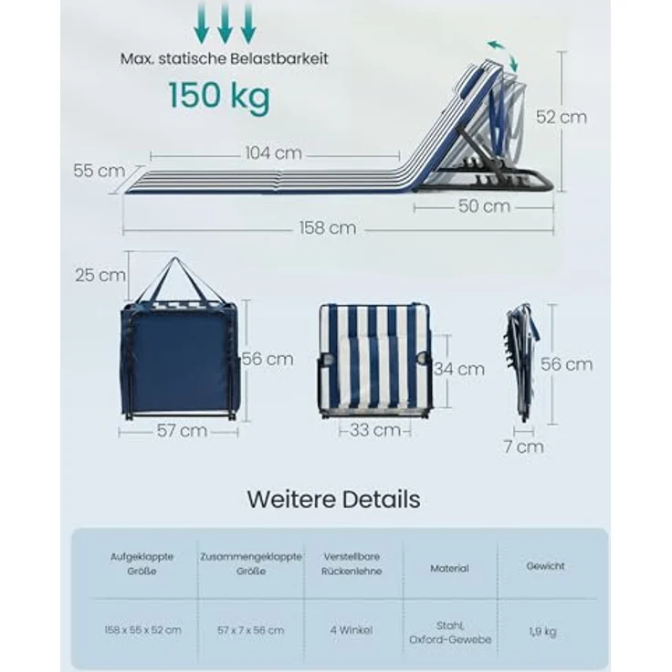 SONGMICS Strandstuhl, 2er Set, Campingstuhl, Sonnenliege, Strandliege, klappbar, verstellbare Rückenlehne, leicht tragbar mit Griff, für Camping, Garten, Pool, 158x55 cm, blau-weiß gestreift – Bild 4