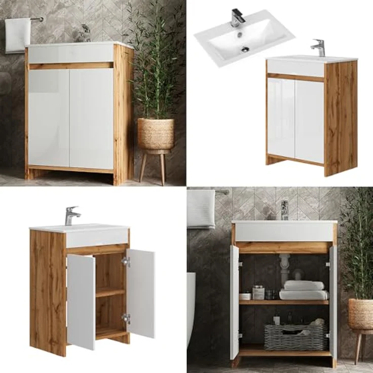 Vicco Waschbeckenunterschrank Lemgo, Badmöbelset in Goldkraft-Eiche mit weißem Hochglanz-Front und Keramikwaschbecken, 59,6 x 81,9 x 40 cm – Bild 8