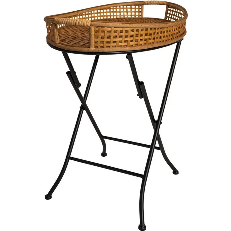 habeig Beistelltisch Serviertisch oval Bambus-Tablett 70 x 62 x 43 cm Klappbares Metallgestell, abnehmbares Tablett