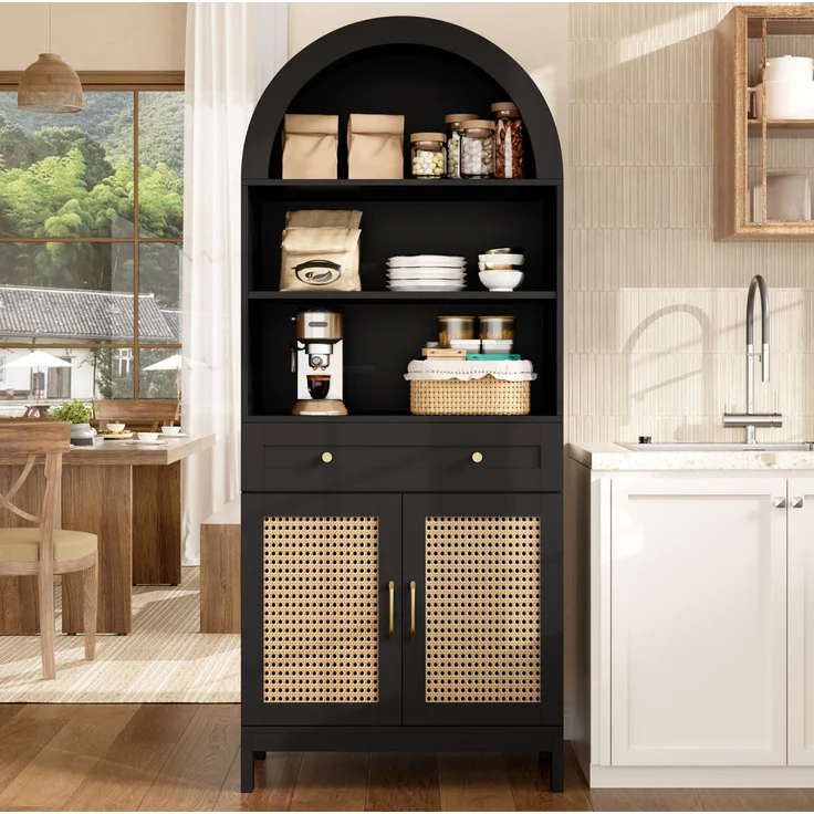 DESVIAE Vitrine Schwarz-Holzoptik – 70x170x40 cm – Rattantüren, Schublade – Bild 6