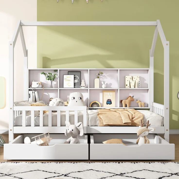 Merax Hausbett 90x200cm Kinderbett mit Mehrzweck-Bücherregal-Speichergitter-Kabinett Ablageregal und zwei großen Schubladen mit Stauraum und Kaminform, Weiß – Bild 2