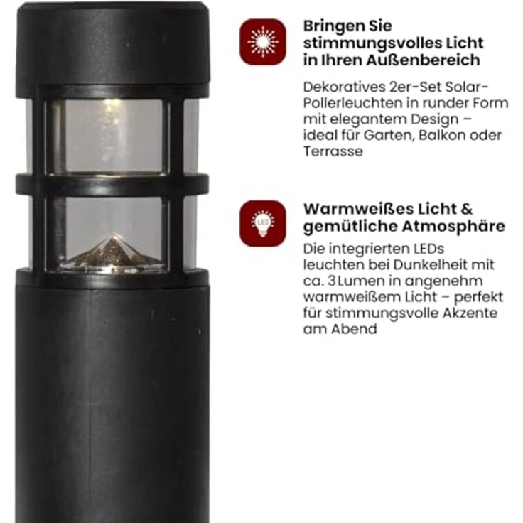 LED-Solar-Wegeleuchte "Rundi", 2er Set, schwarz, 7 x 28 cm, – Bild 2