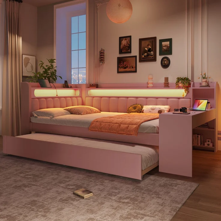 Gepolstertes 140x200 Tagesbett mit USB-Anschlüssen und LED-Gürtel, mit Ausziehbett und Schreibtisch, Rosa – Bild 2