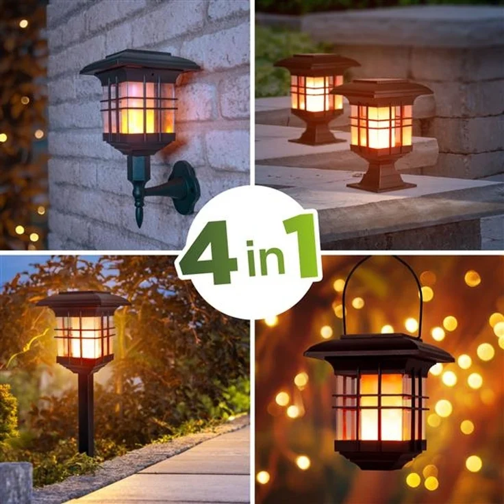 4 in 1 Solar Gartenlaterne mit LED-Beleuchtung im Flammeneffekt-Design | zum Stecken, Hängen oder Hinstellen, einfache Montage, kabellos – Bild 2