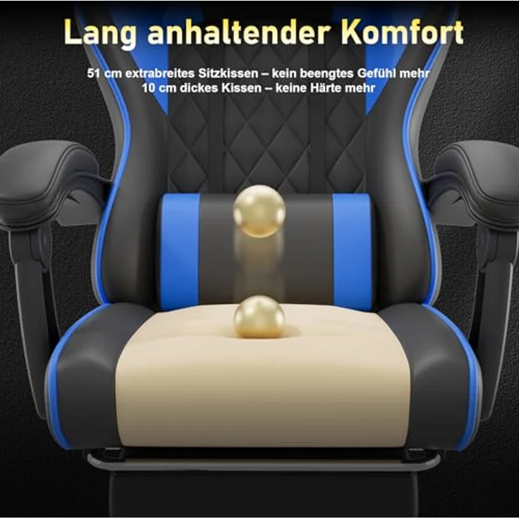 JUMMICO Gaming Stuhl mit massagefunktion, ergonomischer Gaming Stuhl,EIN Gamingstuhl mit Lendenkissen, Fußstütze und Kopfstütze,PC - Stuhl, Tragfähigkeit 150 kg - Blau – Bild 9