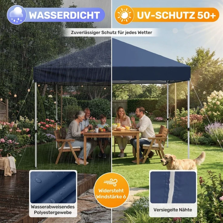 Hawthyhome Faltpavillon 3x3m Pop Up Partyzelt, wasserdicht & UV-Schutz 50+, One-Touch-Schnellaufbau, 3 Höhenstufen, stabiles Kohlenstoffstahl-Gestell, inkl. Tragetasche, für Garten, Camping & Outdoor, Blau – Bild 6