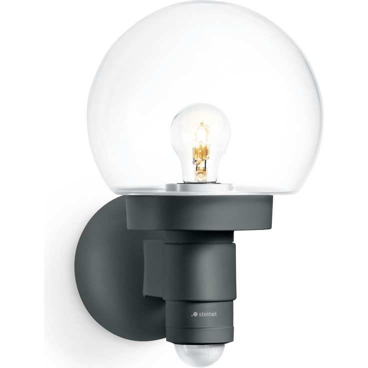Steinel Sensor-Außenleuchte L 115 S anthrazit, 240°-Bewegungsmelder, 12 m Reichweite, Kugelleuchte E27, Grundlicht, Softlichtstart