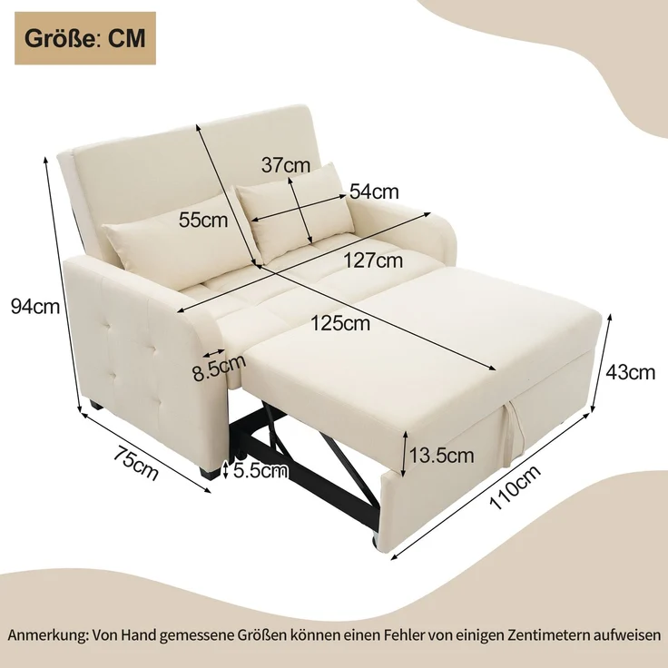 Klappsofa Schlafsofa ausziehbar Baumwoll-Leinen verstellbare Rückenlehne Gästebett Multifunktion Sofa-Bett,Beige – Bild 7