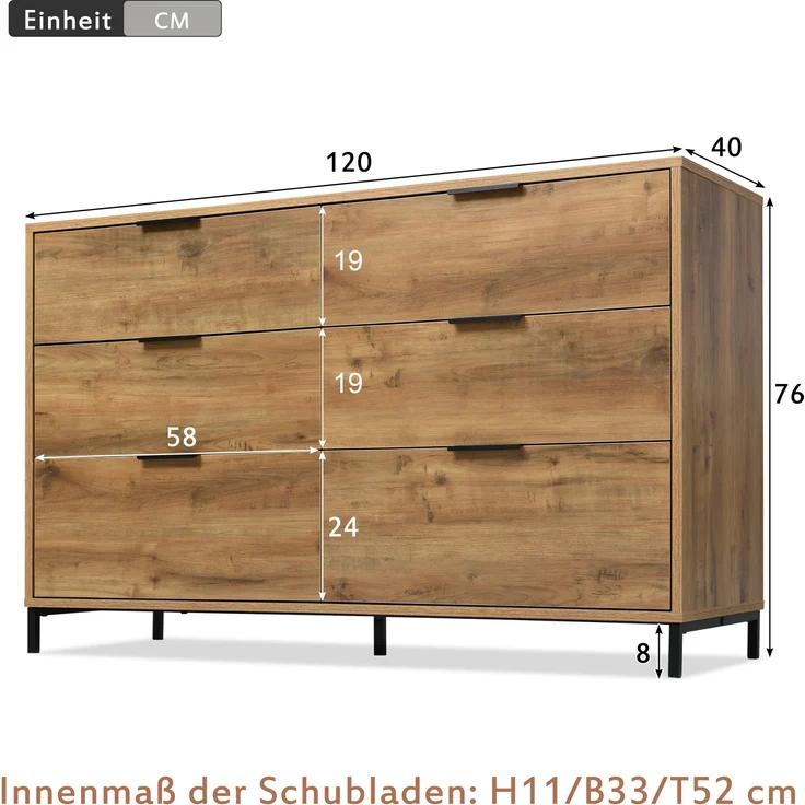 Kommode mit 6 Schubladen, Spanplatte & Metallgestell, 120x40x76 cm, Dunkle Eiche – Bild 10