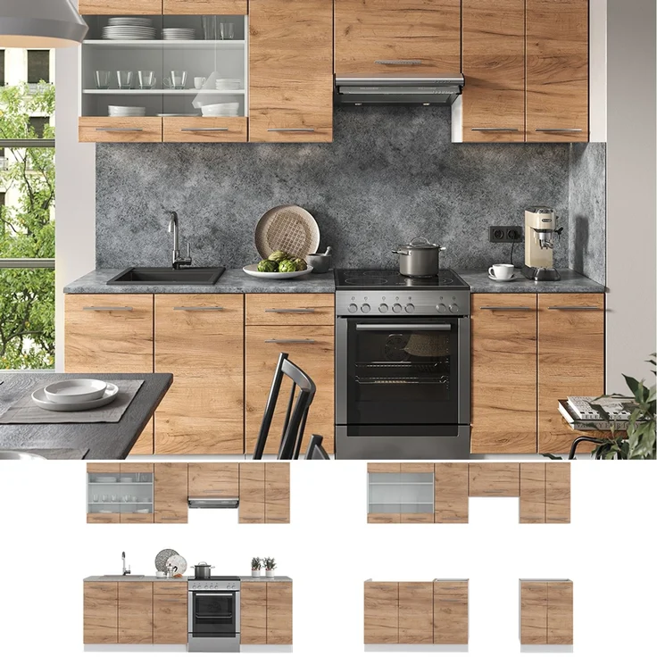 Küchenzeile Fame-Line Goldkraft Eiche/Weiß 240 cm ohne Arbeitsplatte Vicco – Bild 2
