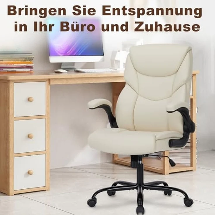 DUMOS Bürostuhl Pu-Leder Chefsessel mit Hochklappbaren Armlehnen Bürostuhle Leder mit Drehbaren Rädern Office Chair Ergonomic Geeignet für Büros Zuhause und Andere Umgebungen – Bild 6