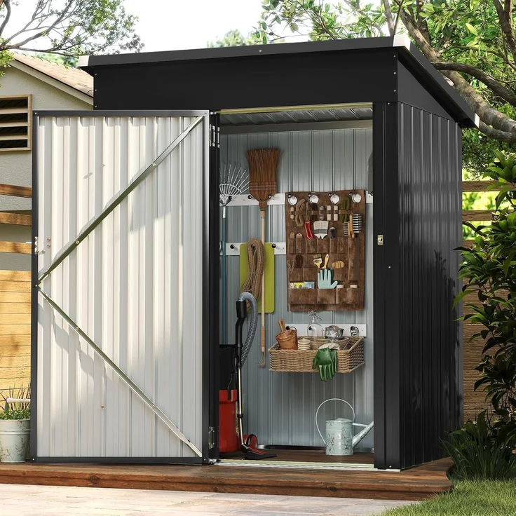Aoxun Gerätehaus Metall 150x91x185cm, Geräteschuppen, Pultdach mit Belüftungslöcher Abschließbarer Tür für Outdoor Garten Schuppen,Schwarz – Bild 1