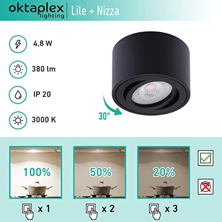 Oktaplex Lile Aufbauspot, 6 Stück in Matt Schwarz, LED Modul 3-stufig dimmbar 4,8W 3000K warmweiß, schwenkbar, 80x50mm – Bild 3