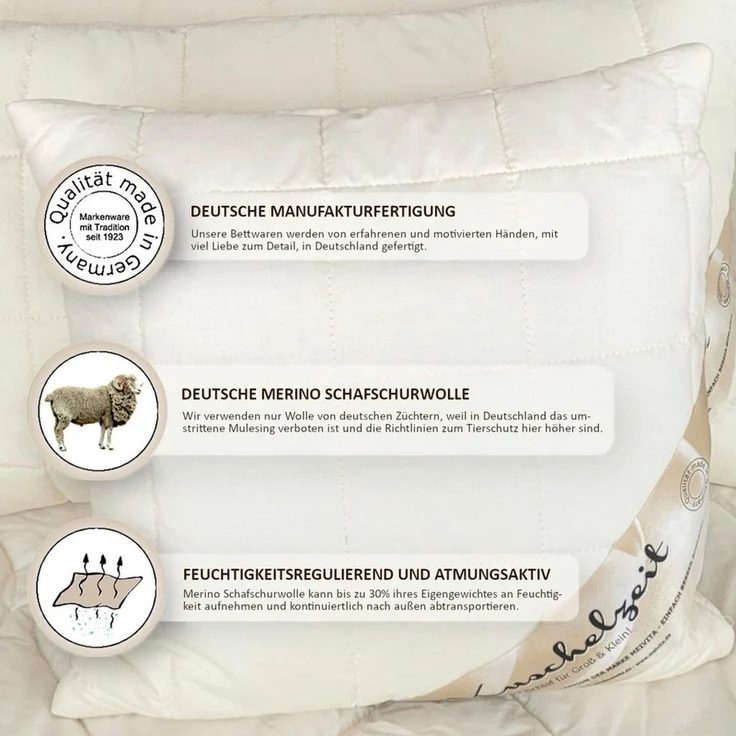 Meivita Naturhaarkissen Merino Kopfkissen mit Schafschurwollkugeln, Füllung: 100% Wolle (Schurwollkügelchen), Bezug: 100% Baumwolle untersteppt mit 100% Wolle (Merino Schafschurwollvlies), Rückenschläfer, Seitenschläfer, Bauchschläfer, Kissen Hergestel... – Bild 4
