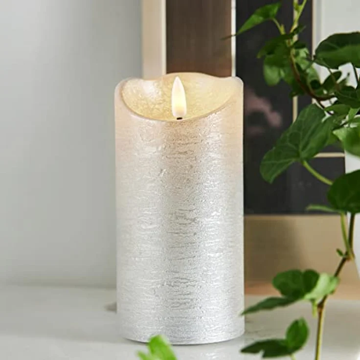 LED Echtwachskerze Flamme Rustic Batterien Timer silber H 15cm Ø 7,5cm – Bild 2