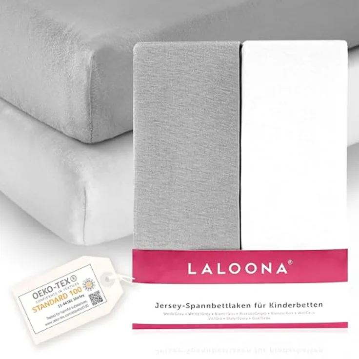 LaLoona Spannbettlaken 2er Pack, geeignet für Matratzengröße 60x120 cm & 70x140 cm, hautfreundliche Baumwolle, Grau Weiß