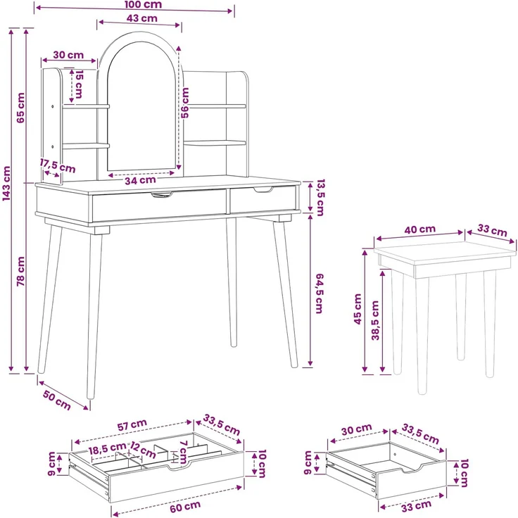 vidaXL Schminktisch-Set FAUSKE 5 Stk. Weiß 100 x 50 x 143 cm 3438598 – Bild 10