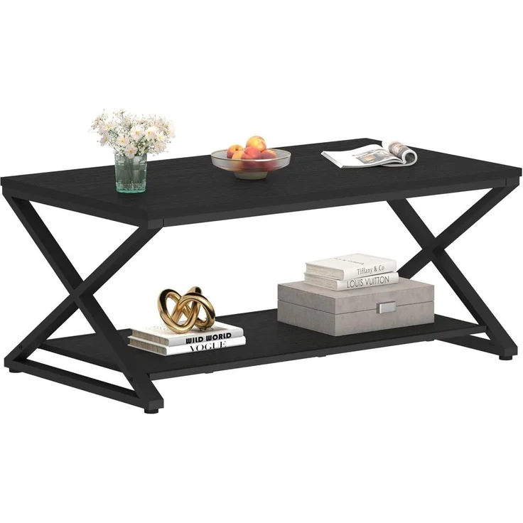 Couchtisch Klein Schwarz Holz Metall Stauraum Beistelltisch 100x60x45cm – Bild 7