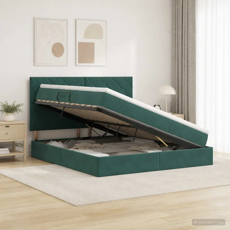 vidaXL Aufbewahrungsbett mit Matratze Dunkelgrün 140 x 200 cm Samt 3459756 – Bild 1