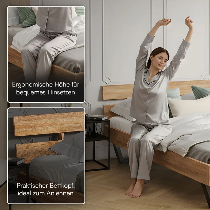 skølm 'Alver' Bett 180x200 cm, Bettgestell, natur geölt, Massivholzbett aus Eiche mit Metallkufen, Doppelbett mit Streben Bettkopf – Bild 4