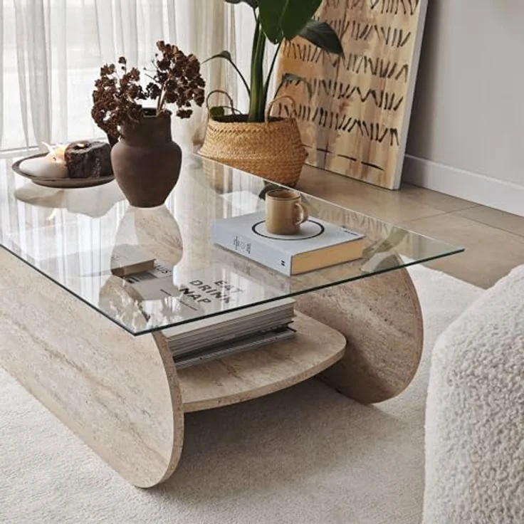 Modern Coffee Table, 105 cm Width, 35 cm Height, 65 cm Depth | 100% Tempered Glass & Melamine Coated Frame | Elegant Travertine & Transparent Design – Bild 7