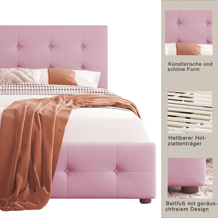 Merax Polsterbett 90 x 200 cm Bett mit Lattenrost, Rückenlehne und zwei Schubladen, hautfreundlicher Samtstoff Beige flaches Gästebett (Rosa) – Bild 7