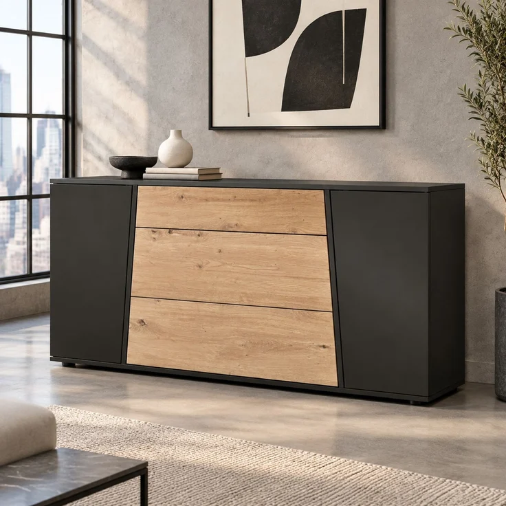 DESVIAE Sideboard Schwarz/Naturholzoptik aus MDF/Spanplatte – 140x70x35 cm – 3 Schubladen, 2 Türen – Bild 1