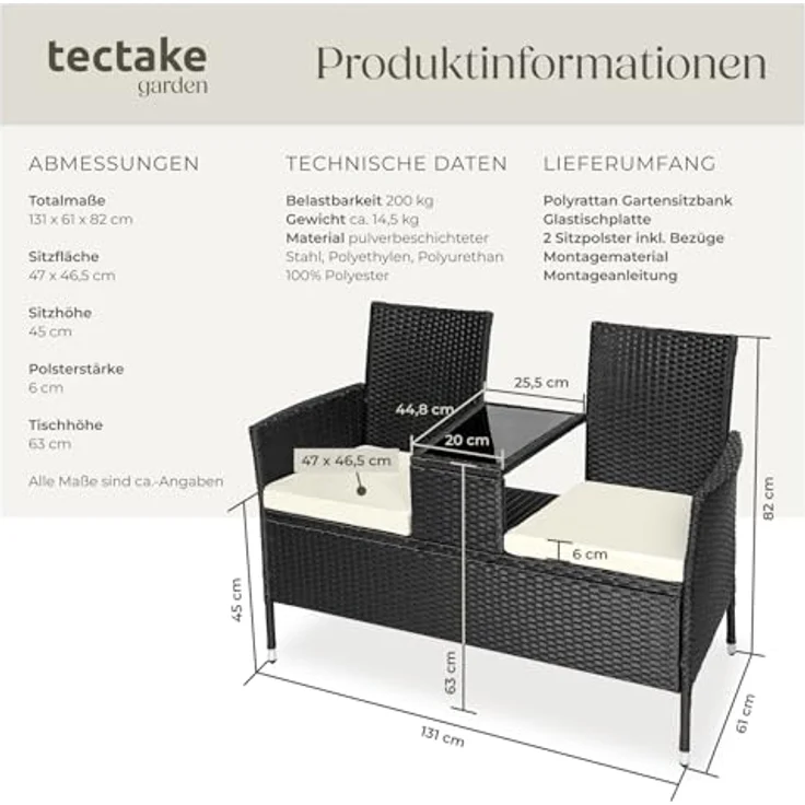 tectake 404557 Poly Rattan Gartenbank mit Tisch, 2-Sitzer Bank, 131 x 61 x 82 cm, Sitzbank für Garten Balkon und Terrasse, Gartensitzbank inkl. Sitzkissen, schwarz-beige – Bild 7