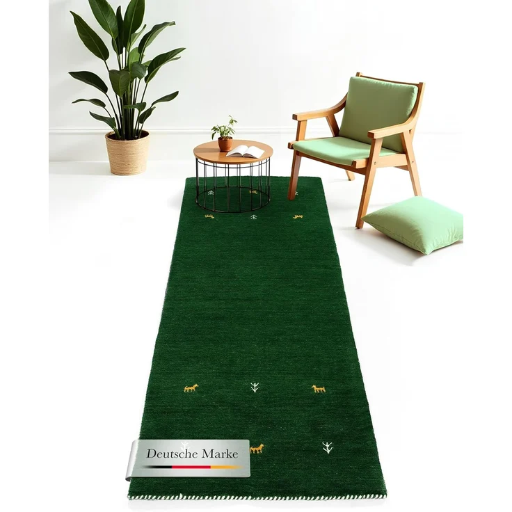carpetfine 'Gabbeh Uni' Wollteppich, reine Wolle, Grün, 60x180 cm – Bild 1