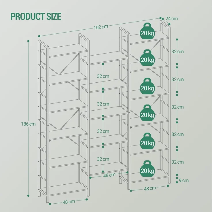 Bücherregale, Standregale, Regal mit 17 Fachböden, 6 Etagen, Verstellbarer Abstand, 24 x 152 x 186 cm, Tragfähigkeit 340 kg, Wohnzimmer, Büro, Weiß – Bild 7