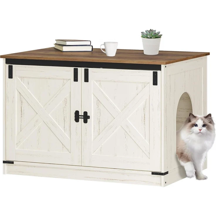 Katzenklo Schrank, Katzenschrank, Katzentoilette mit Herausnehmbarer Trennwand, Katzenhaus, Umkehrbarer Eingang Links oder Rechts, als Sideboard, 80 x 50 x 54 cm, Vintagebraun-Weiß – Bild 2
