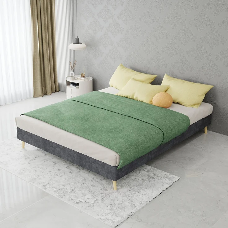 Novelux Bettgestell 140x200 cm - Modernes Plattformbett aus Holz mit grauem Samtbezug, Ohne Kopfteil, Minimalistisches Design – Bild 9