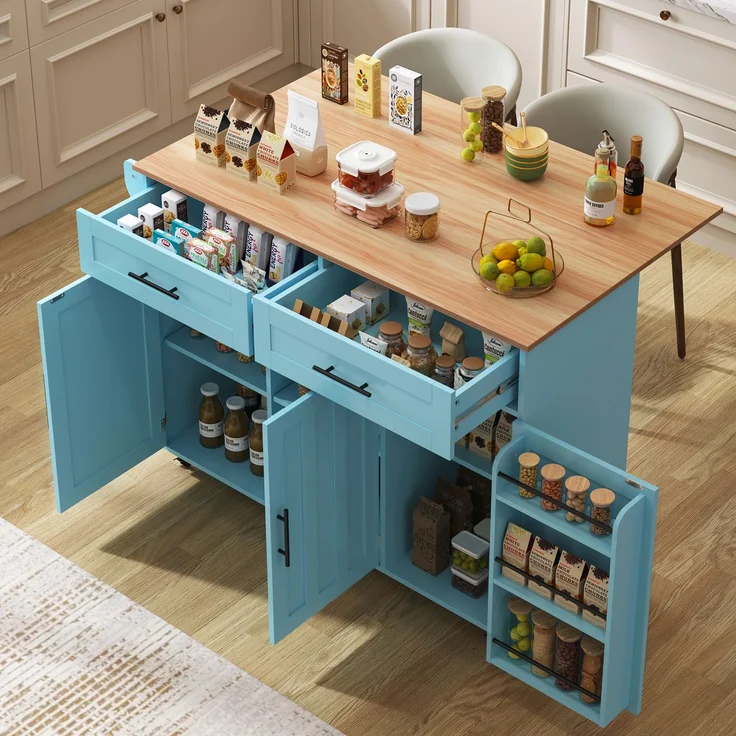 129x46(71)x91,5 cm großer Speisewagen/Sideboard, Arbeitsplatte mit Massivholzmaserung + blauer Schrank/faltbare Arbeitsplatte/Aufbewahrungstür-Design/Räder/Massivholzfüße umschaltbar/für Zuhause geeig – Bild 1