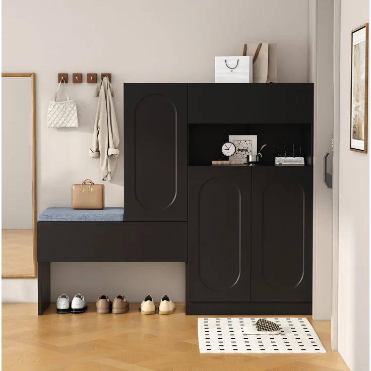 Moderner 2-in-1 Schuhschrank mit Sitzbank Schwarz höhenverstellbare Böden Schuhorganizer für Flur Aufbewahrungsbank mit Sanftschließmechanismus Kippsicherung 130 cm Breite Schuhregal mit Sitzauflage, 130cmx35cmx110cm – Bild 1
