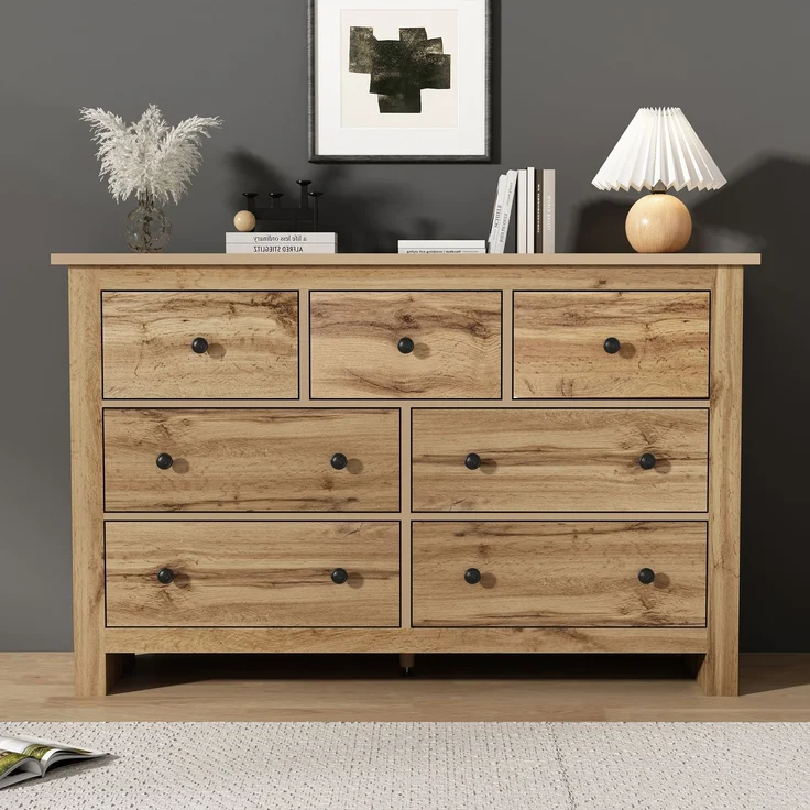 Sideboard Landhausstil Holzfarbe mit 7 geräuschlosen Schubladen, verstellbarer Mittelfuß, Kippsicherung, Stauraum – Bild 6